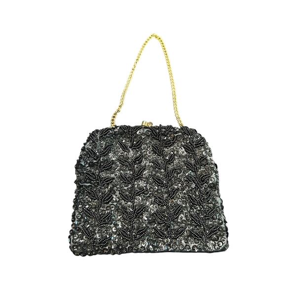 Vtg mini Black Beaded purse, kisslock gold tone chain- Intricate Vine Design - Picture 1 of 8